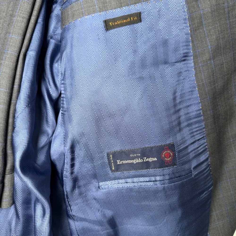 Jos A Bank Reserve Ermenegildo Zegna Wool Suit 46R 38R Grey Blue Plaid Made USA