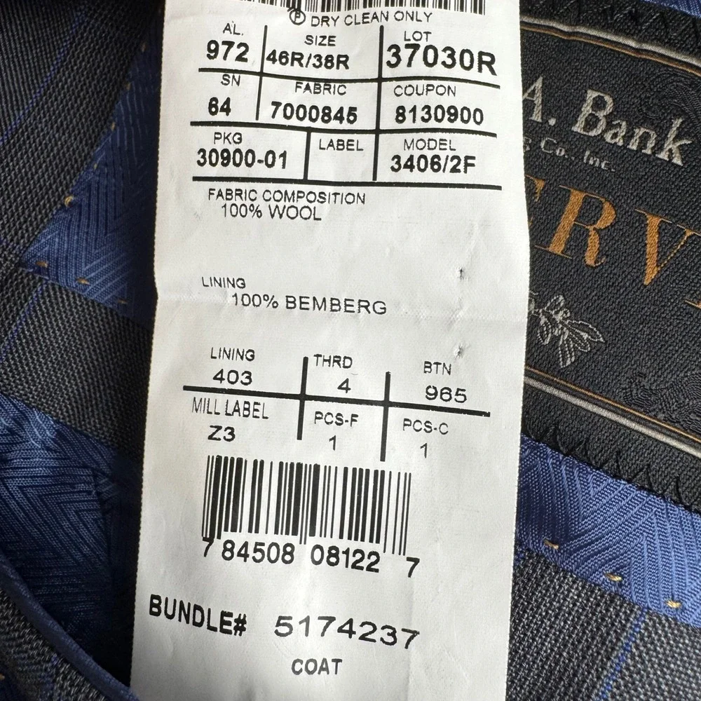 Jos A Bank Reserve Ermenegildo Zegna Wool Suit 46R 38R Grey Blue Plaid Made USA