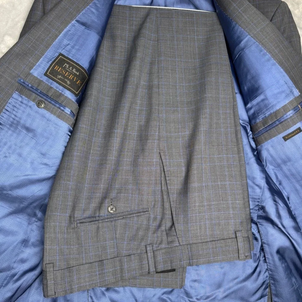 Jos A Bank Reserve Ermenegildo Zegna Wool Suit 46R 38R Grey Blue Plaid Made USA