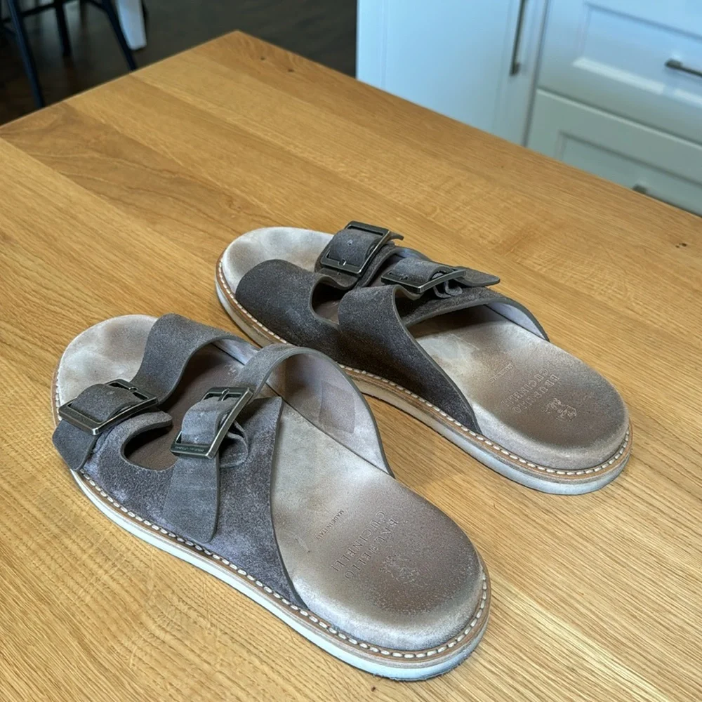 Brunello Cucinelli Men’s Brown Suede Double-Buckle Sandals