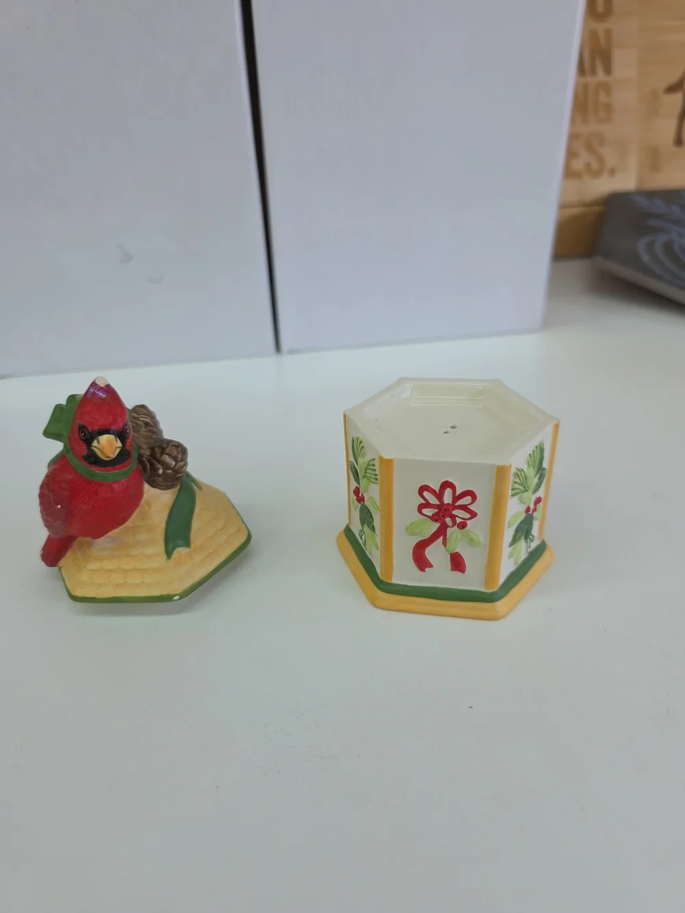 Lenox Red Cardinal and White Holiday Hexagonal Salt and Pepper Shakers
