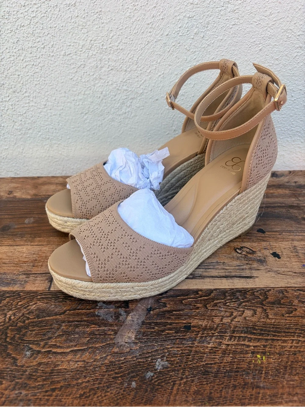 NWT and Box Womens Tan Espadrille Wedge Sandals with Ankle Strap