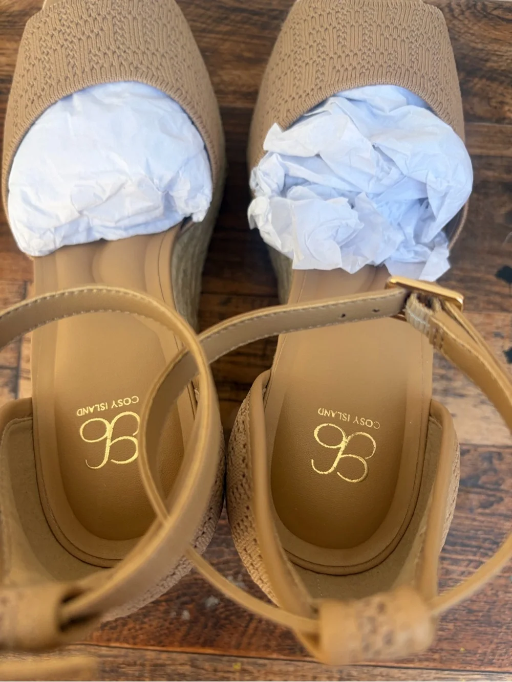NWT and Box Womens Tan Espadrille Wedge Sandals with Ankle Strap