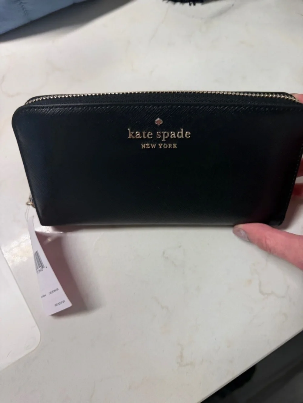 kate spade Black Leather Zip-Around Wallet with Gold Logo