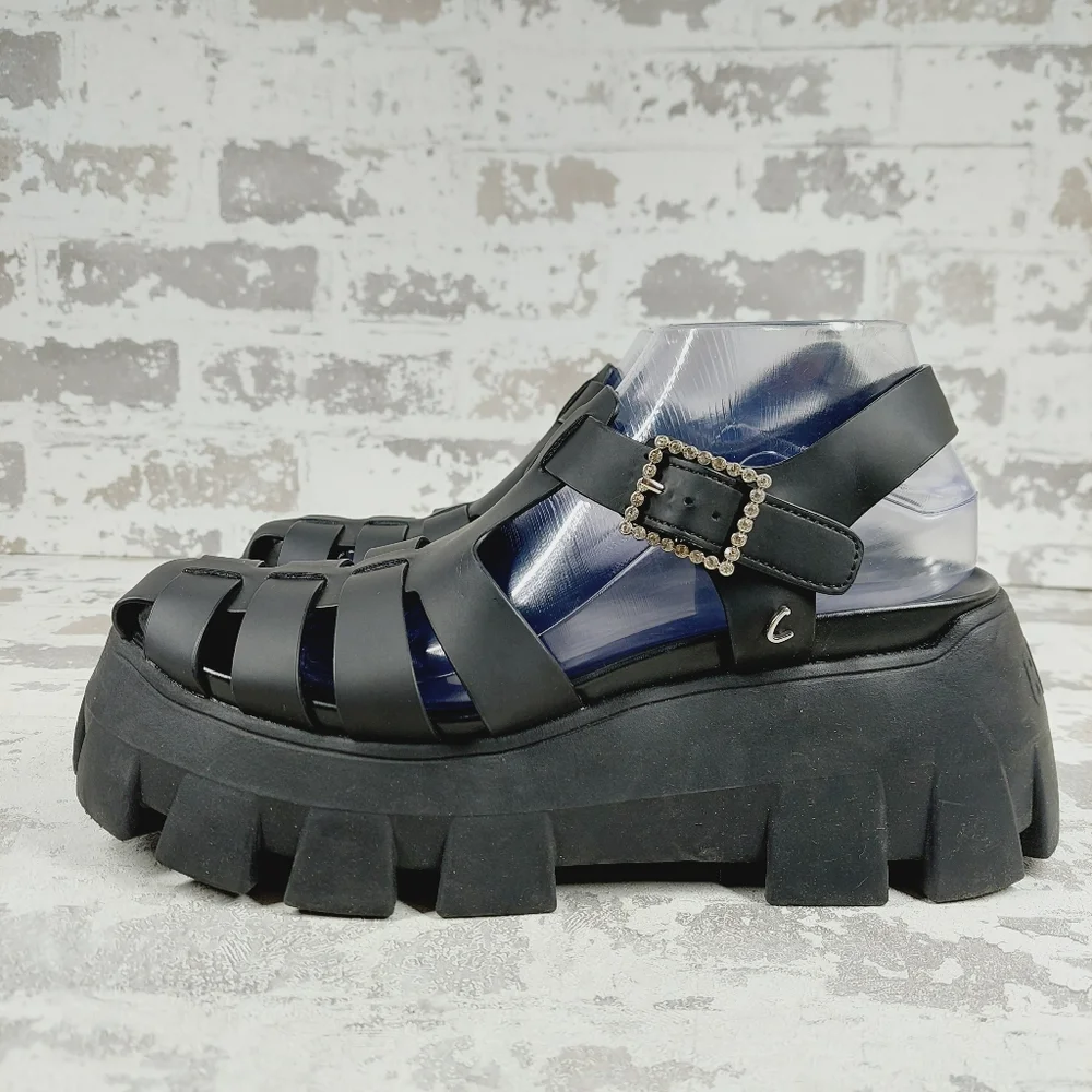 Sam Edelman Black Platform Fisherman Sandals with Crystal Buckle