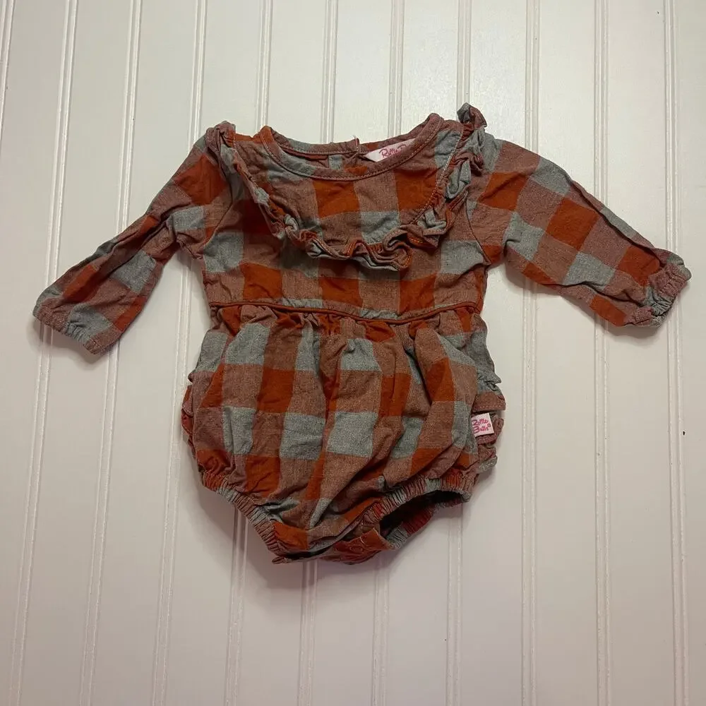 RuffleButts Baby Girls Long Sleeve Knit Print Bubble‎ Romper Size 0/3 Months