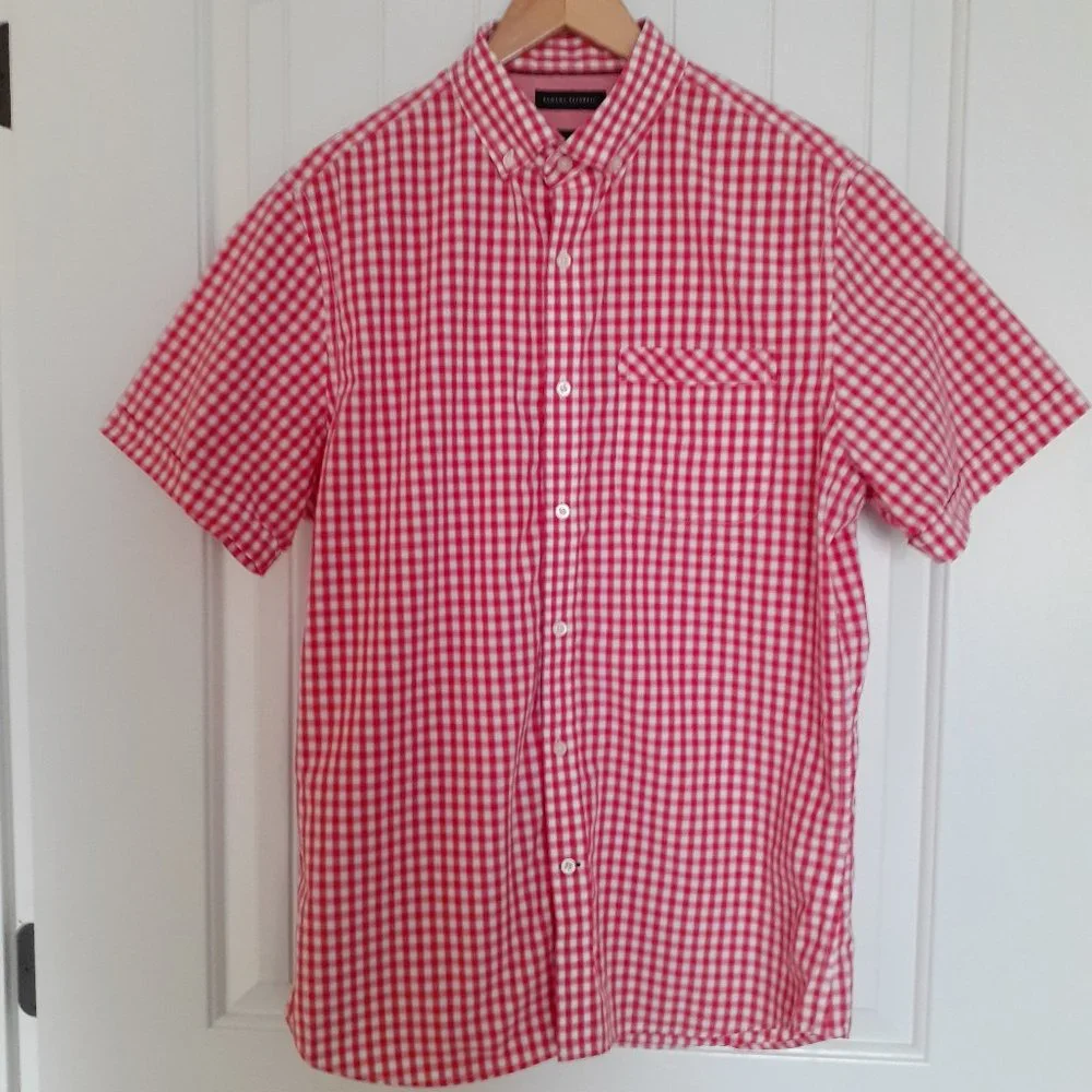 Banana Republic 100s 2-Ply Cotton Short Sleeve Button Down Red Check Size LT