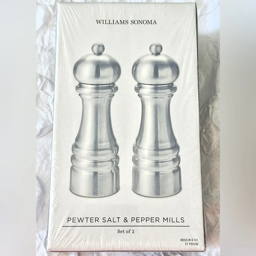 Williams Sonoma Polished Pewter 6” Salt & Pepper Mills Set, NIB, Retail $249