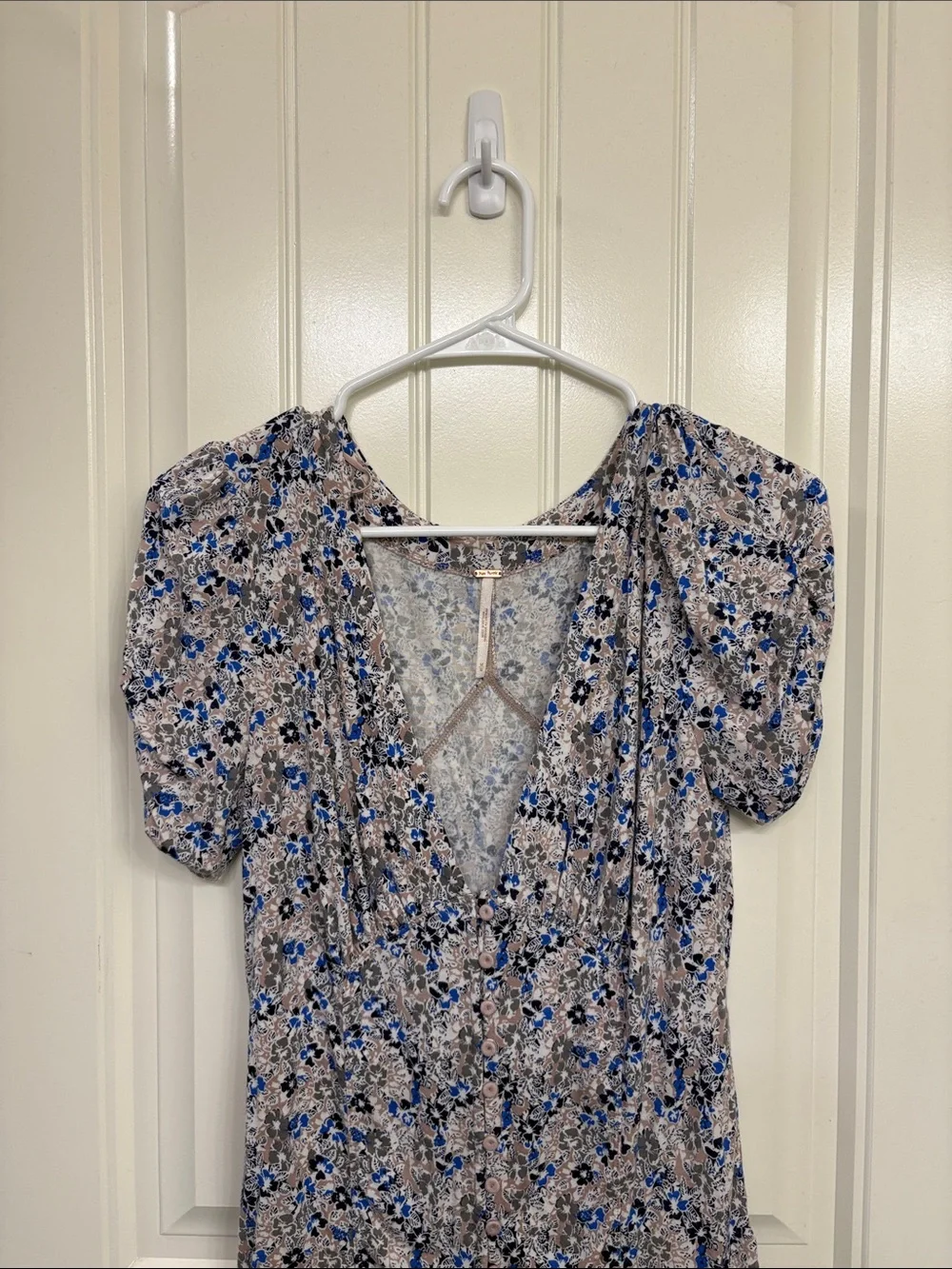 Free People Blue Floral Puff-Sleeve Button-Front Blouse Boho