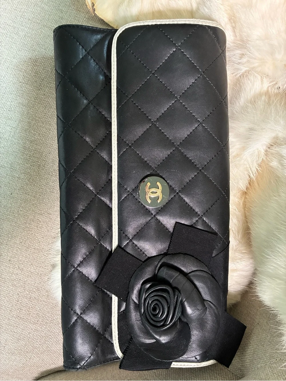 Black Quilted Leather Camellia Clutch with Ivory Trim and Gold CC