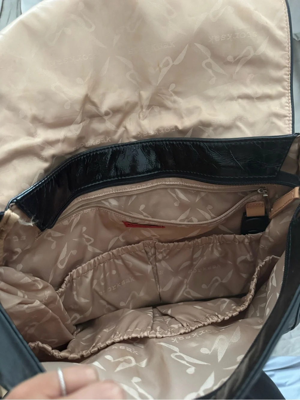 Black Patent diaper bag or Messenger Bag with Tan Accent