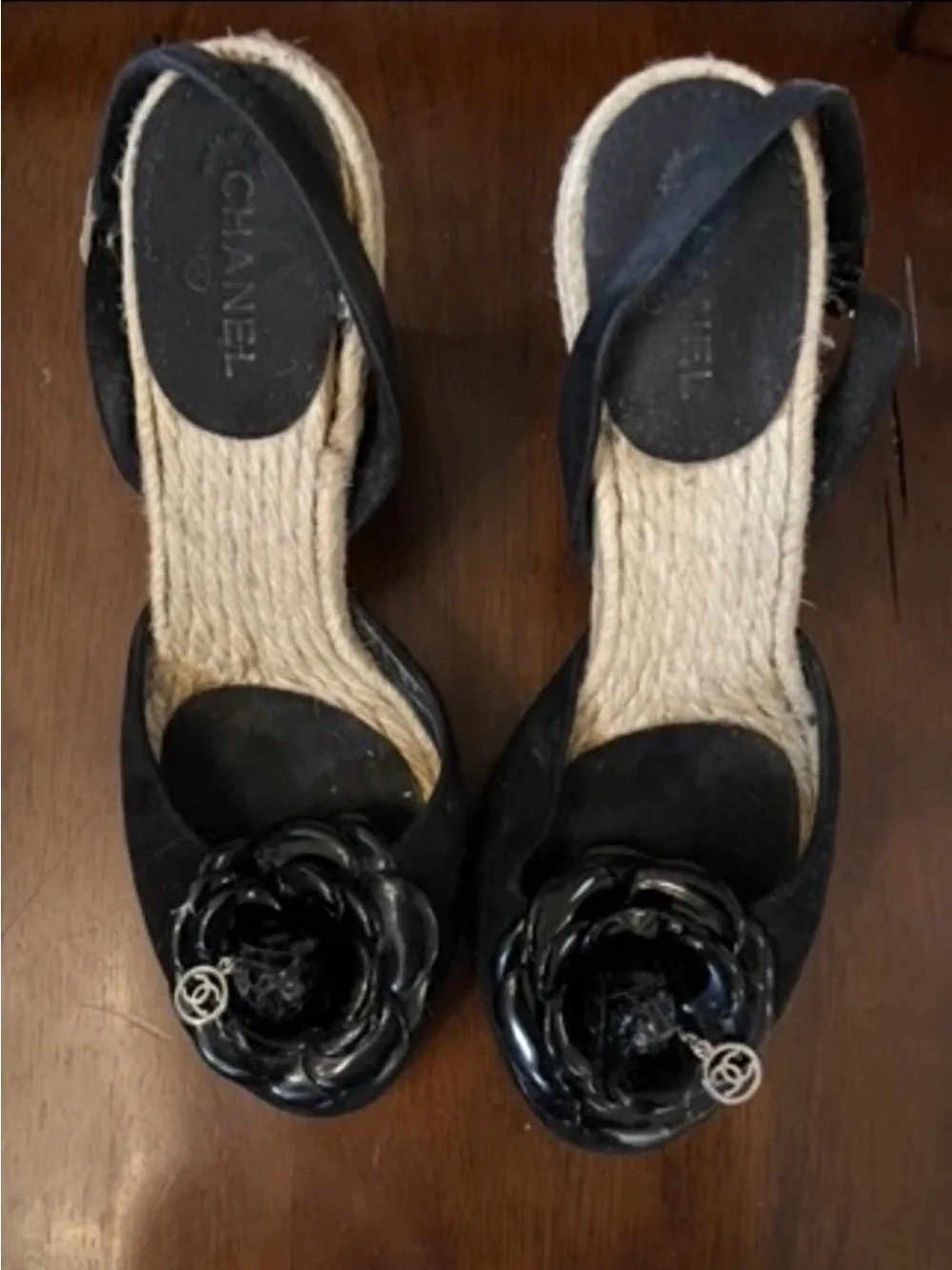 Authentic CHANEL Black Camellia Espadrille Slingback Sandals 37
