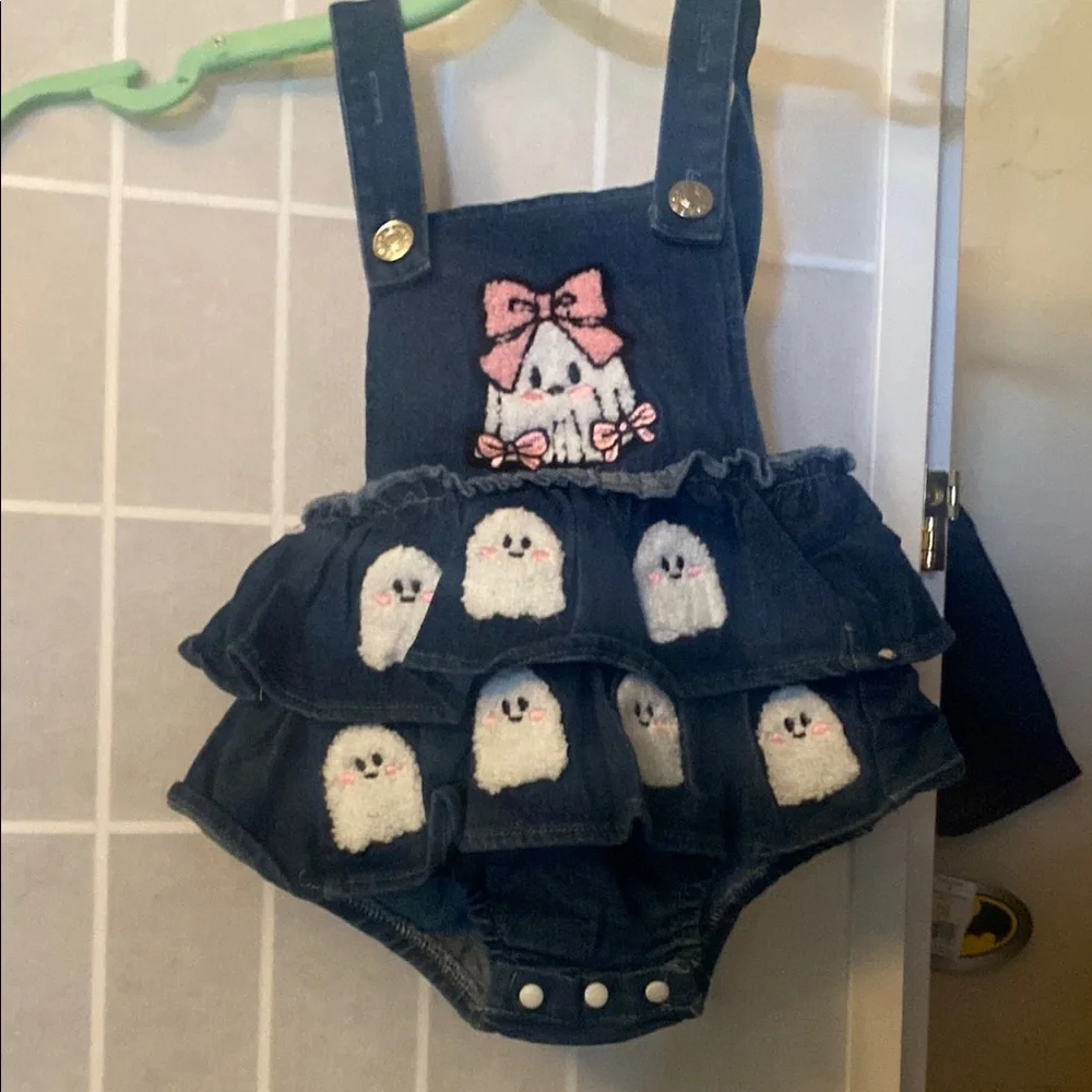 Navy Denim Ghost Ruffle Overall Romper with Pink Bow