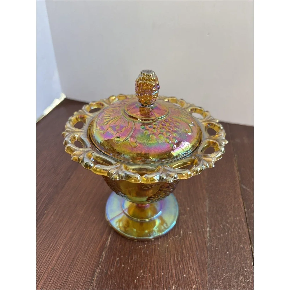Vintage Indiana Glass Compote Candy Dish‎ w/Lid Harvest Carnival Iridescent Gold