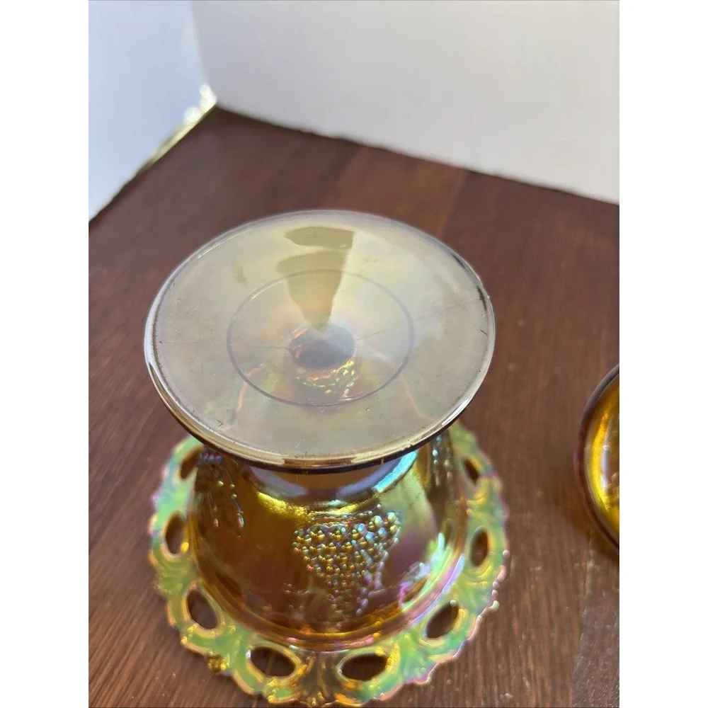 Vintage Indiana Glass Compote Candy Dish‎ w/Lid Harvest Carnival Iridescent Gold