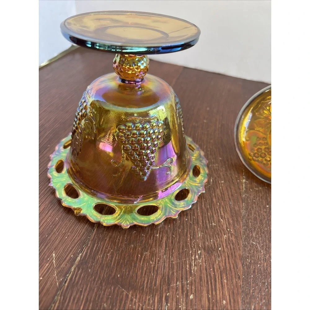 Vintage Indiana Glass Compote Candy Dish‎ w/Lid Harvest Carnival Iridescent Gold