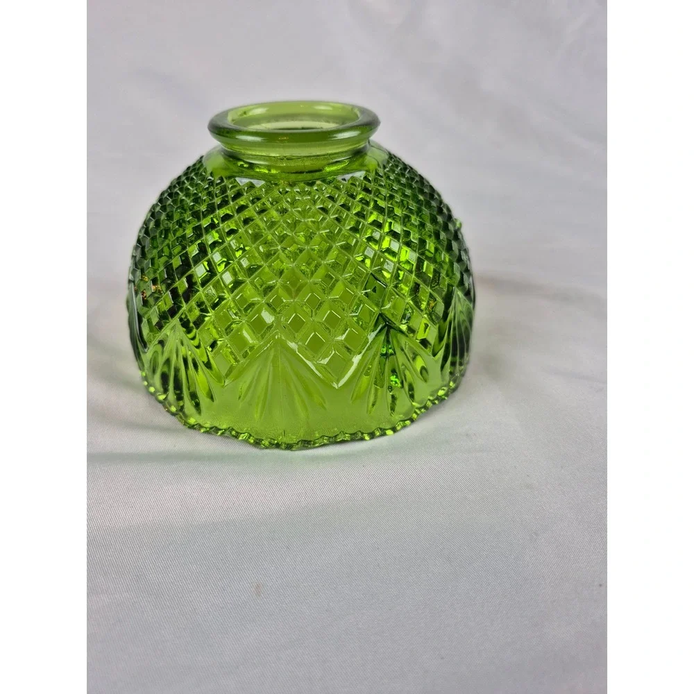 Vintage Green Pressed Glass Fairy Lamp Base Diamond Quilt Candle Holder 3.5 In