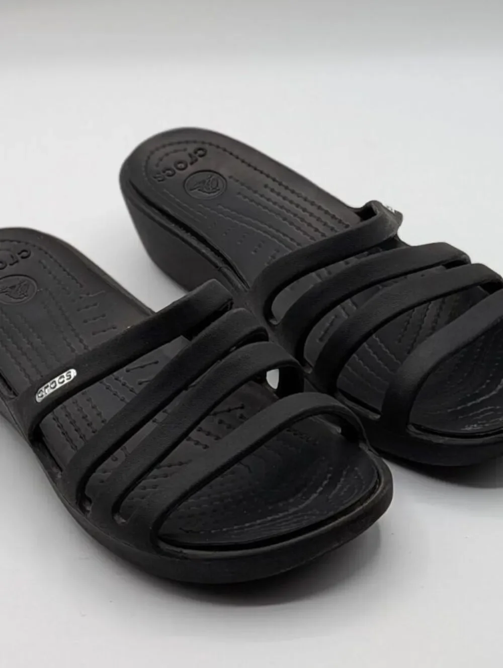 Crocs Size 7 $60 Black Huarache Strappy Comfort Slide Sandals Casual Lightweight