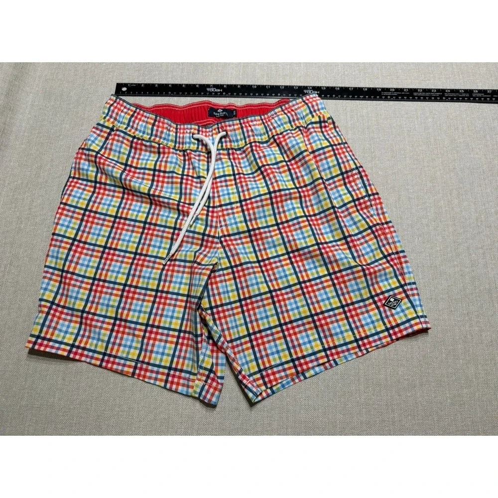 Sperry Men's Medium Stretch Lined Swim Trunks Shorts Blue Red Yellow plaid