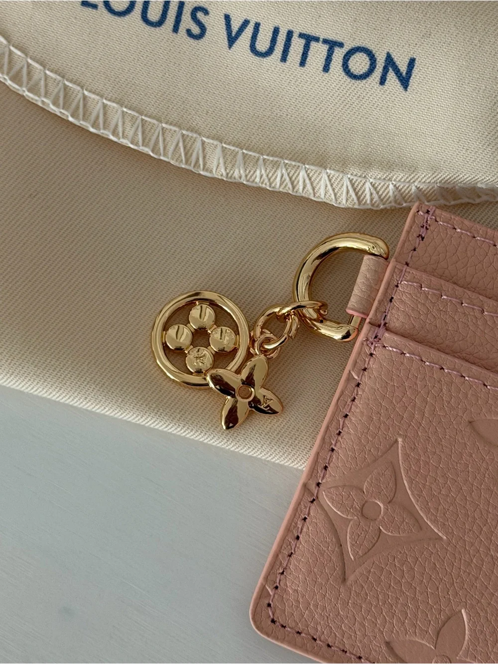 Louis Vuitton Pink Monogram Empreinte Card Holder with Gold Charms and Dust Bag