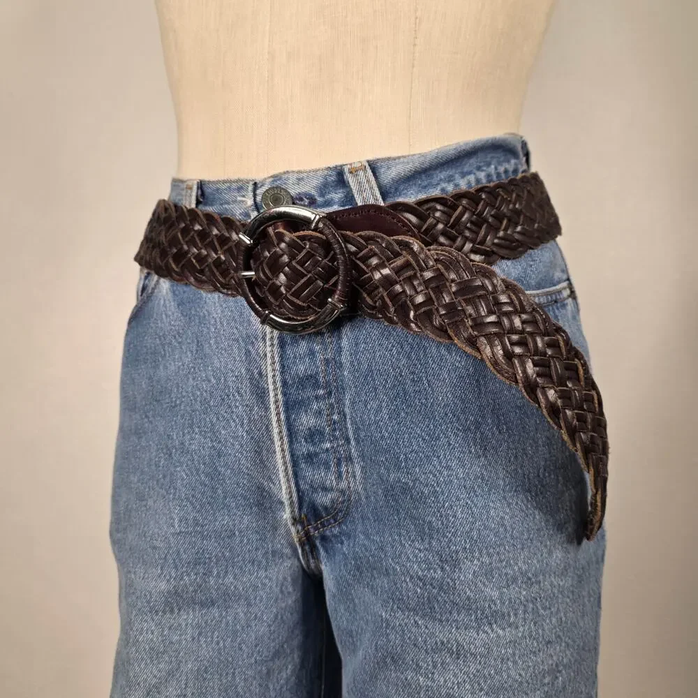 Vintage Brown Woven Leather Braided Belt Wide Boho Western Festival Talbots