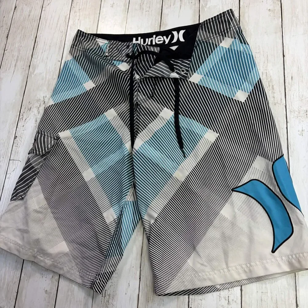 Y2K  Hurley Mens Board Shorts Medium Black Blue Geometric Print Surf Swim Trunks