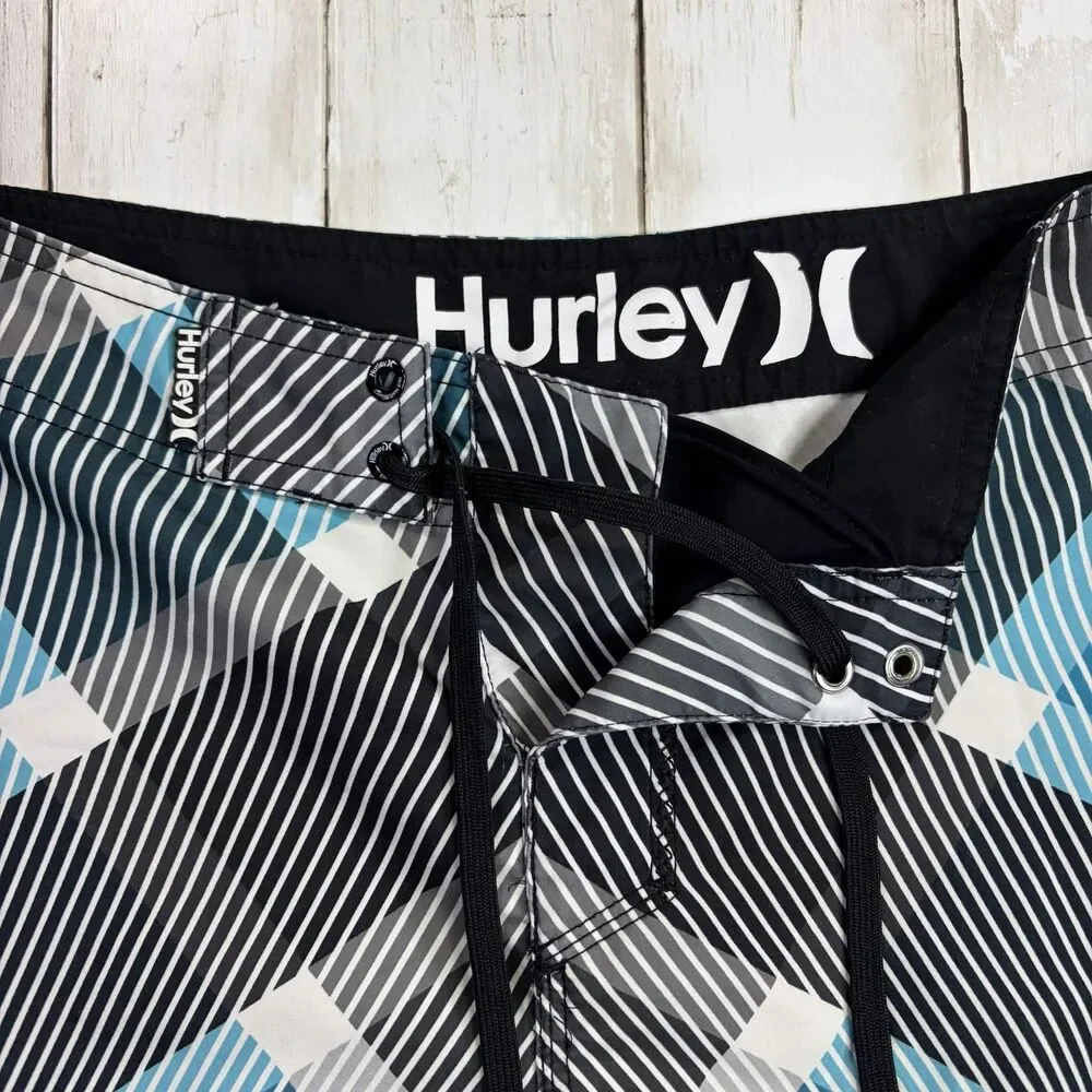 Y2K  Hurley Mens Board Shorts Medium Black Blue Geometric Print Surf Swim Trunks
