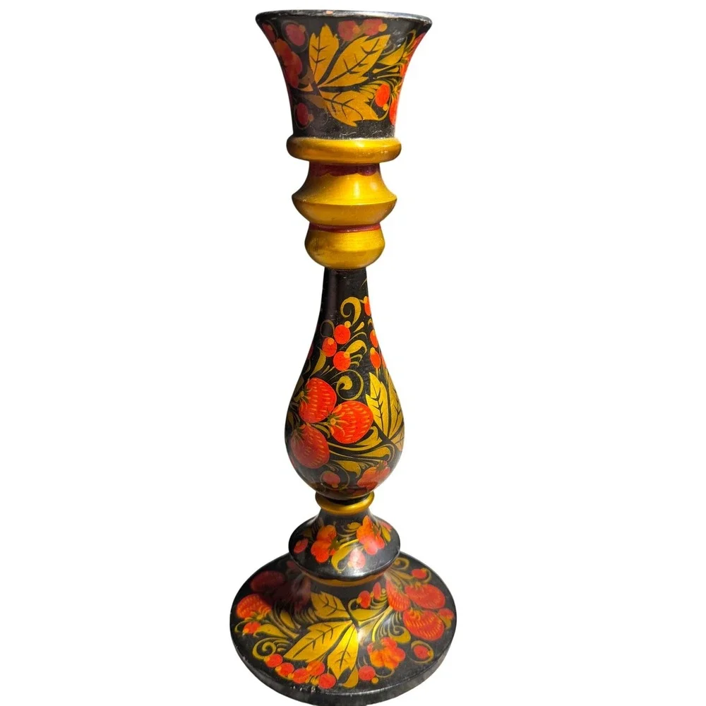 Vintage Russian Khokhloma Wood Candlestick Holder Hand Painted Floral Black Gold