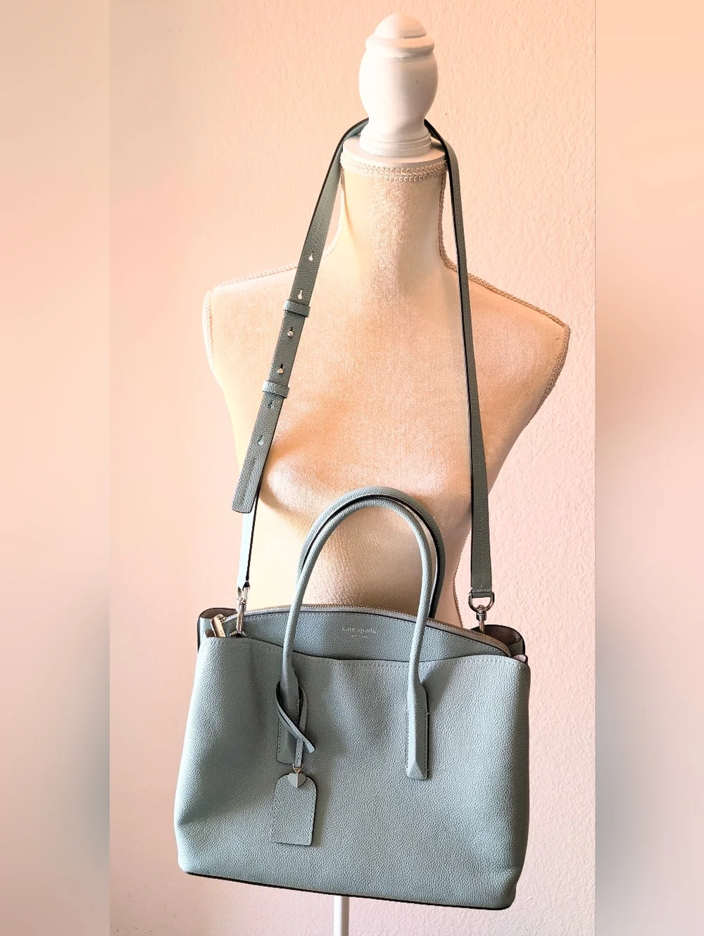 Kate Spade Light Blue Pebbled Leather Tote Purse with Crossbody Strap