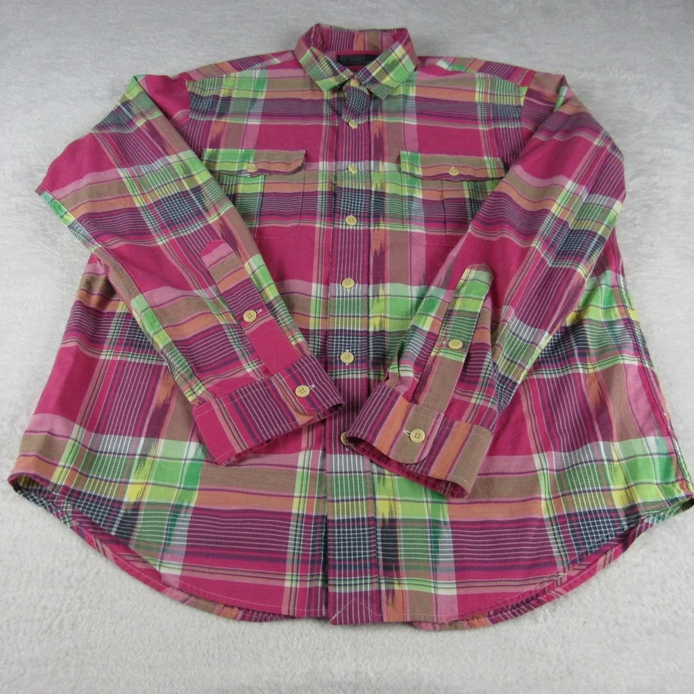 Polo Ralph Lauren Mens Large Button Down Pink Plaid Ikat Flap Pockets