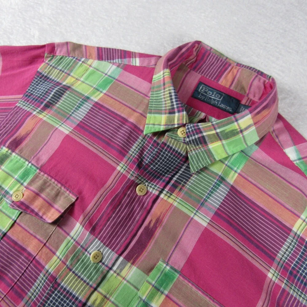 Polo Ralph Lauren Mens Large Button Down Pink Plaid Ikat Flap Pockets