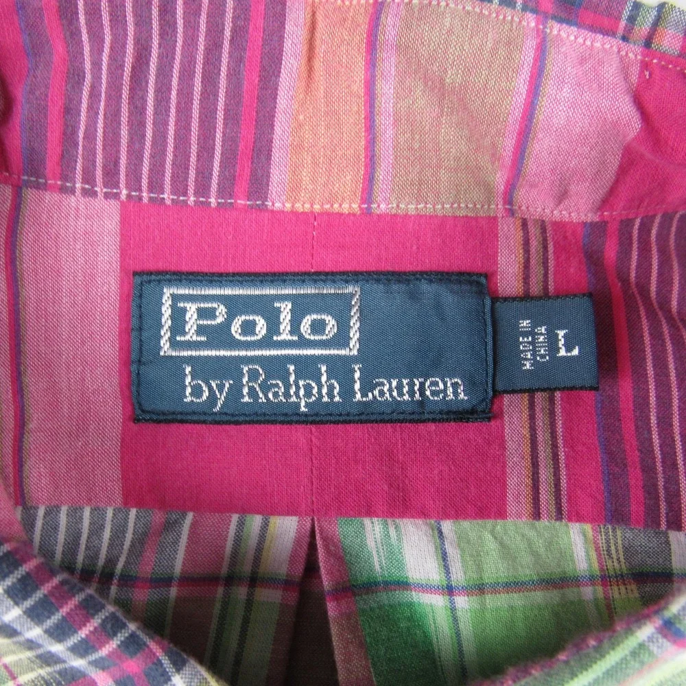 Polo Ralph Lauren Mens Large Button Down Pink Plaid Ikat Flap Pockets