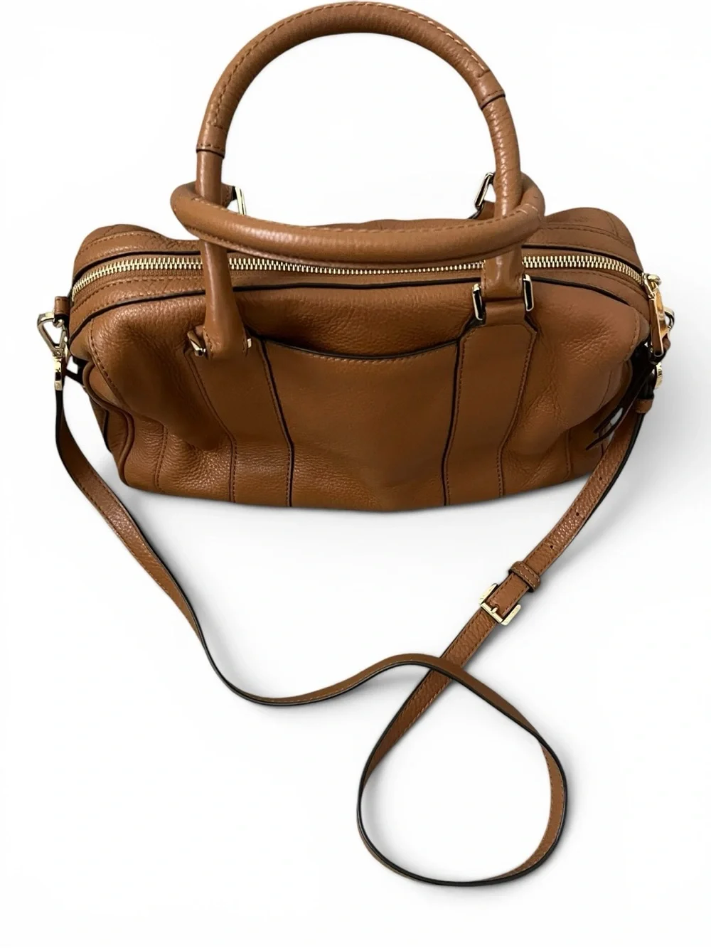 Michael Kors Julia Brown Pebbled Leather Satchel Crossbody Bowler Bag