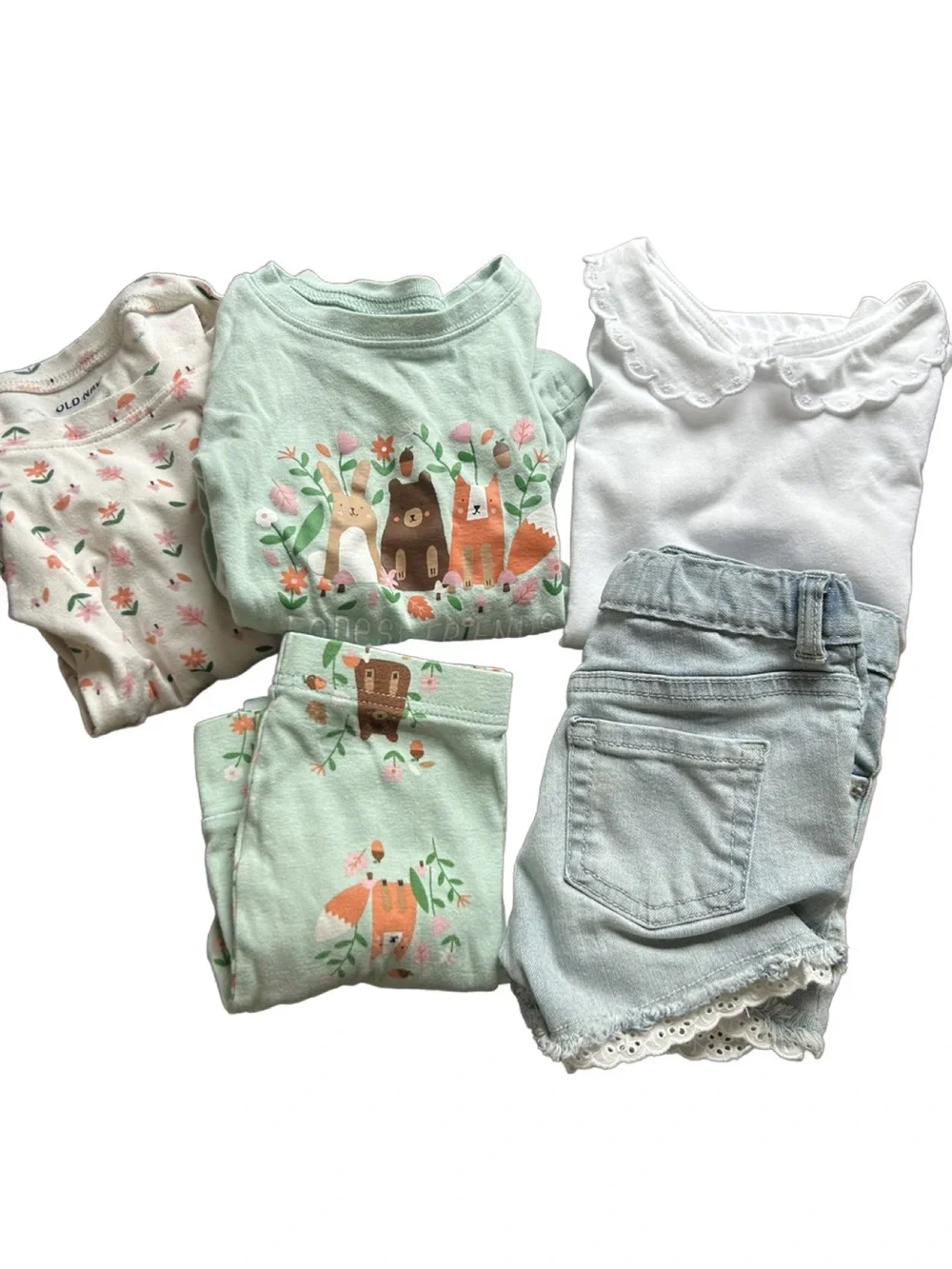 Girls Mint Animal Pajama Set + White Scallop Top + Light Denim Shorts