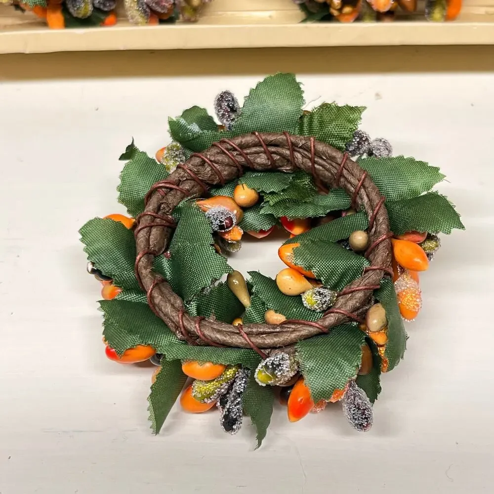 Fall Autumn Mini Wreath Candle Ring Frosted Orange Pip Berry