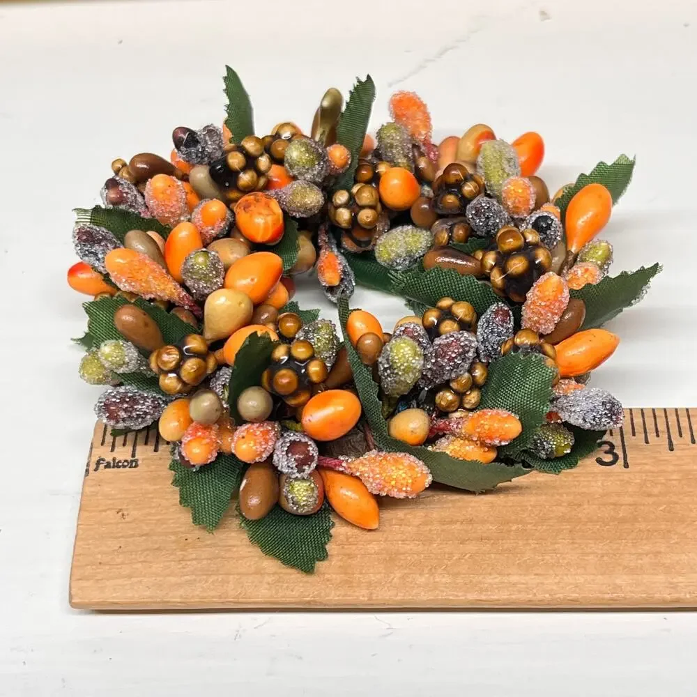 Fall Autumn Mini Wreath Candle Ring Frosted Orange Pip Berry