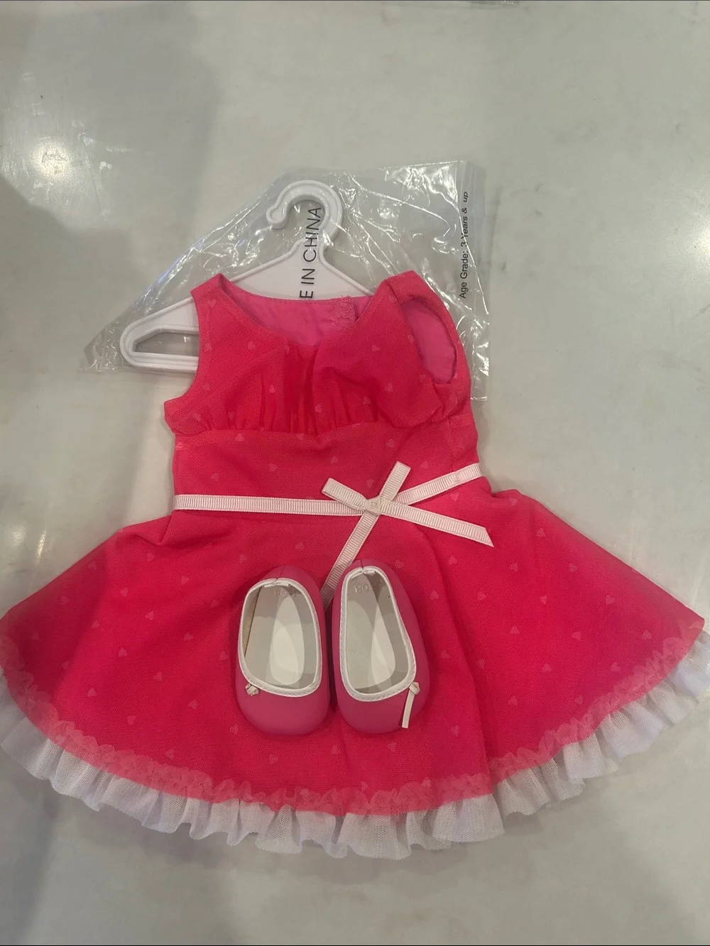 American Girl Pink Party Dress Costume with White Trim and Bow