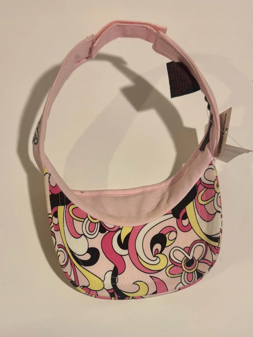 VintageRocawear multi-colored psychedelic floral/swirl print Pink band Visor Hat