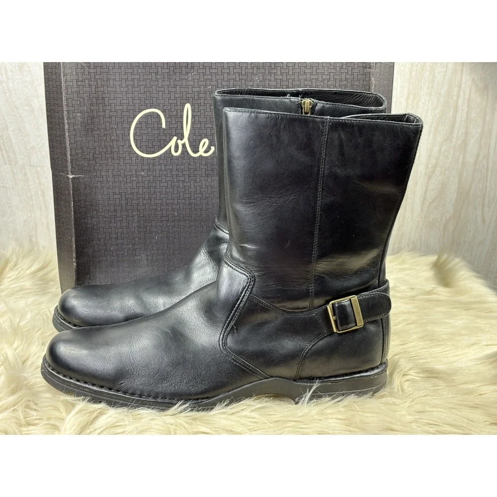 Cole Haan Air Reno Engineer Boots Black Leather Buckle Zip Mens 16M Box