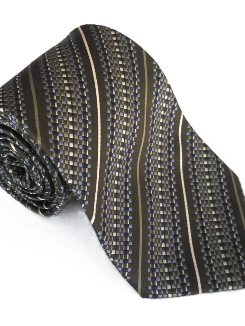 Bardelli Roma Men's Retro Necktie Olive Green Blue & Cream Striped 100% Silk