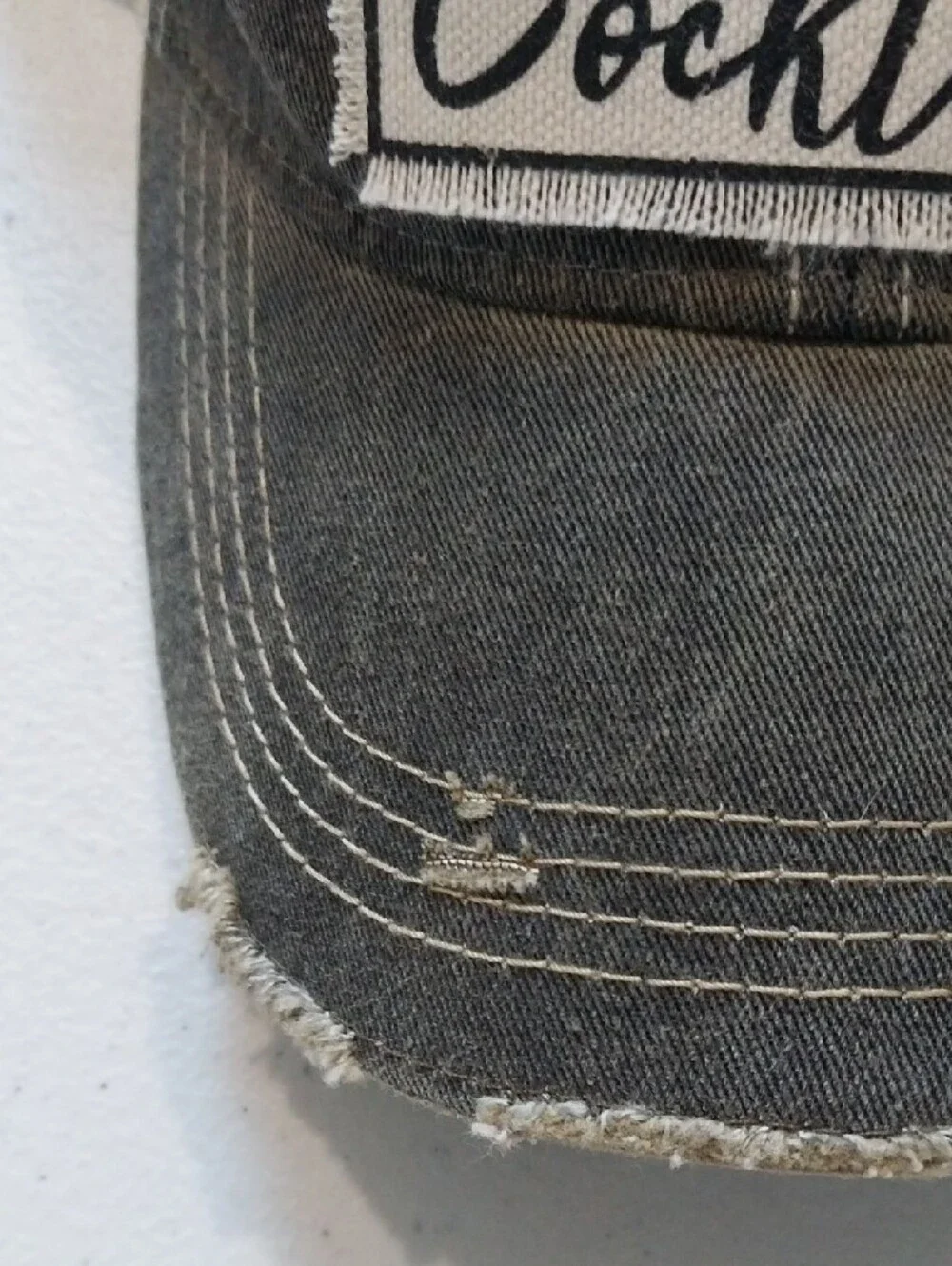 Coffee Until Cocktails Distressed Trucker Hat - Beige and Dark Gray