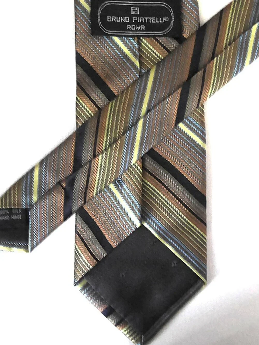 Bruno Piattelli Roma Men's Neck Tie Black Bronze Blue & Light Gold Striped Silk