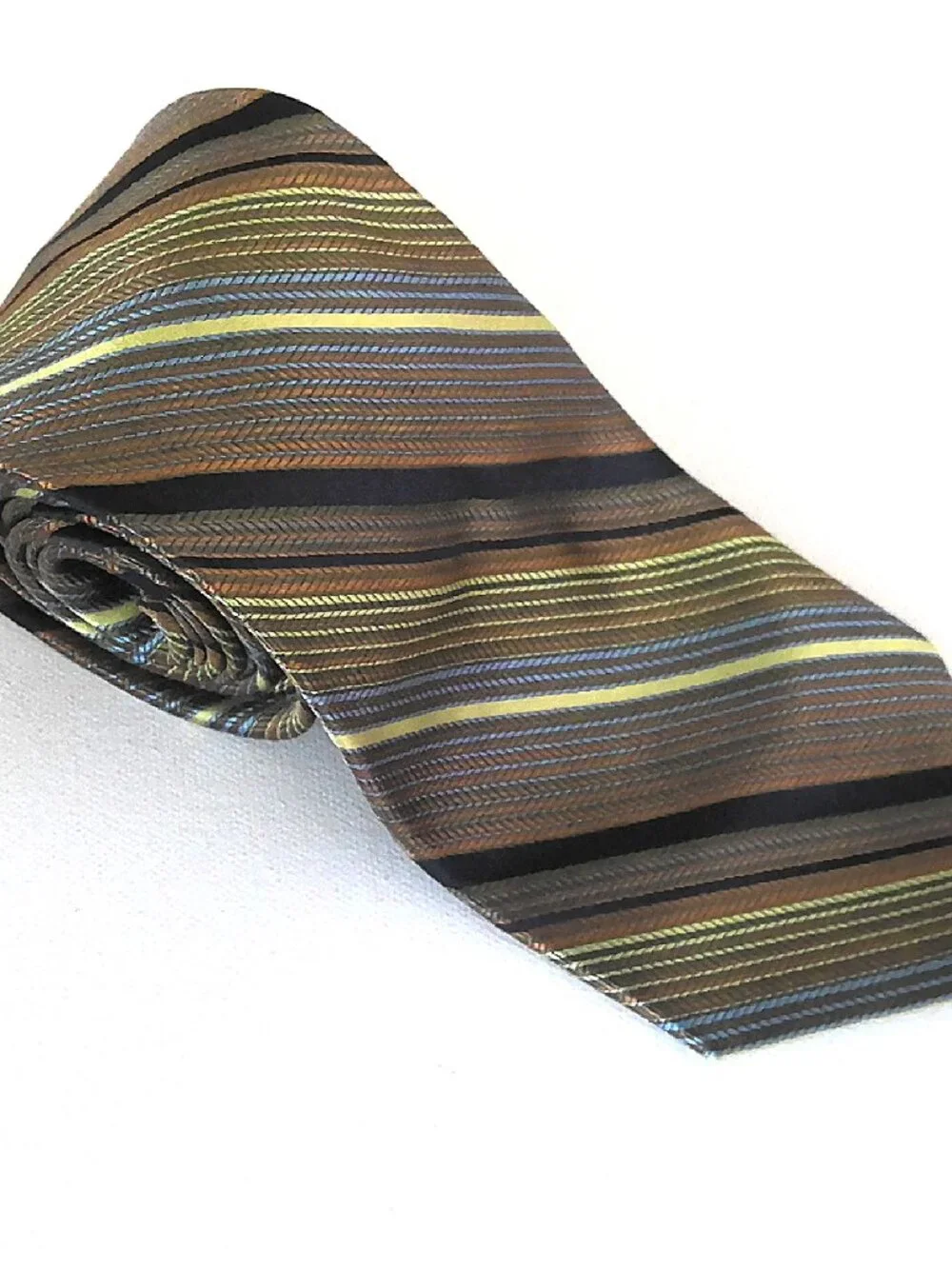 Bruno Piattelli Roma Men's Neck Tie Black Bronze Blue & Light Gold Striped Silk