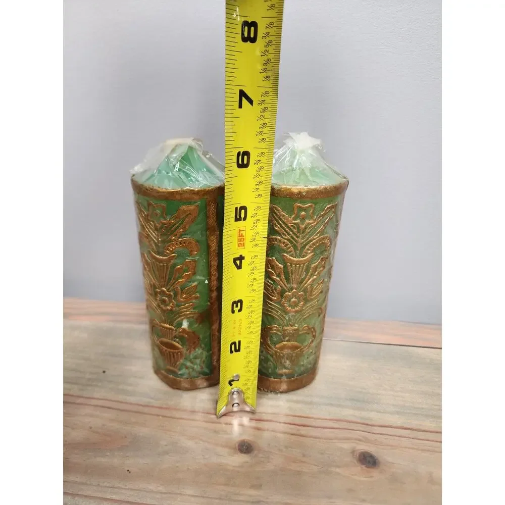 Vtg Pillar Candles Embossed Green Black Radiant Orig British Hong Kong 6