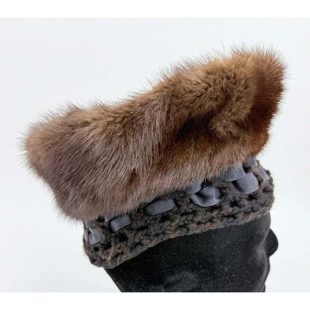 Amrose Vintage 1950s/60s Brown Mink & Crochet Fur Hat Size XS Extra Small