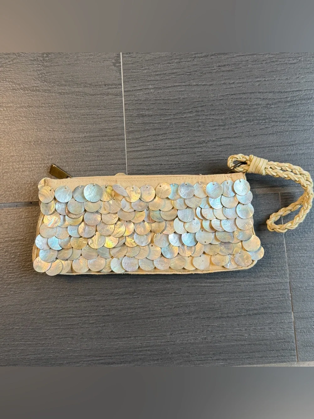 Express Iridescent Shell Sequin Wristlet in Cream