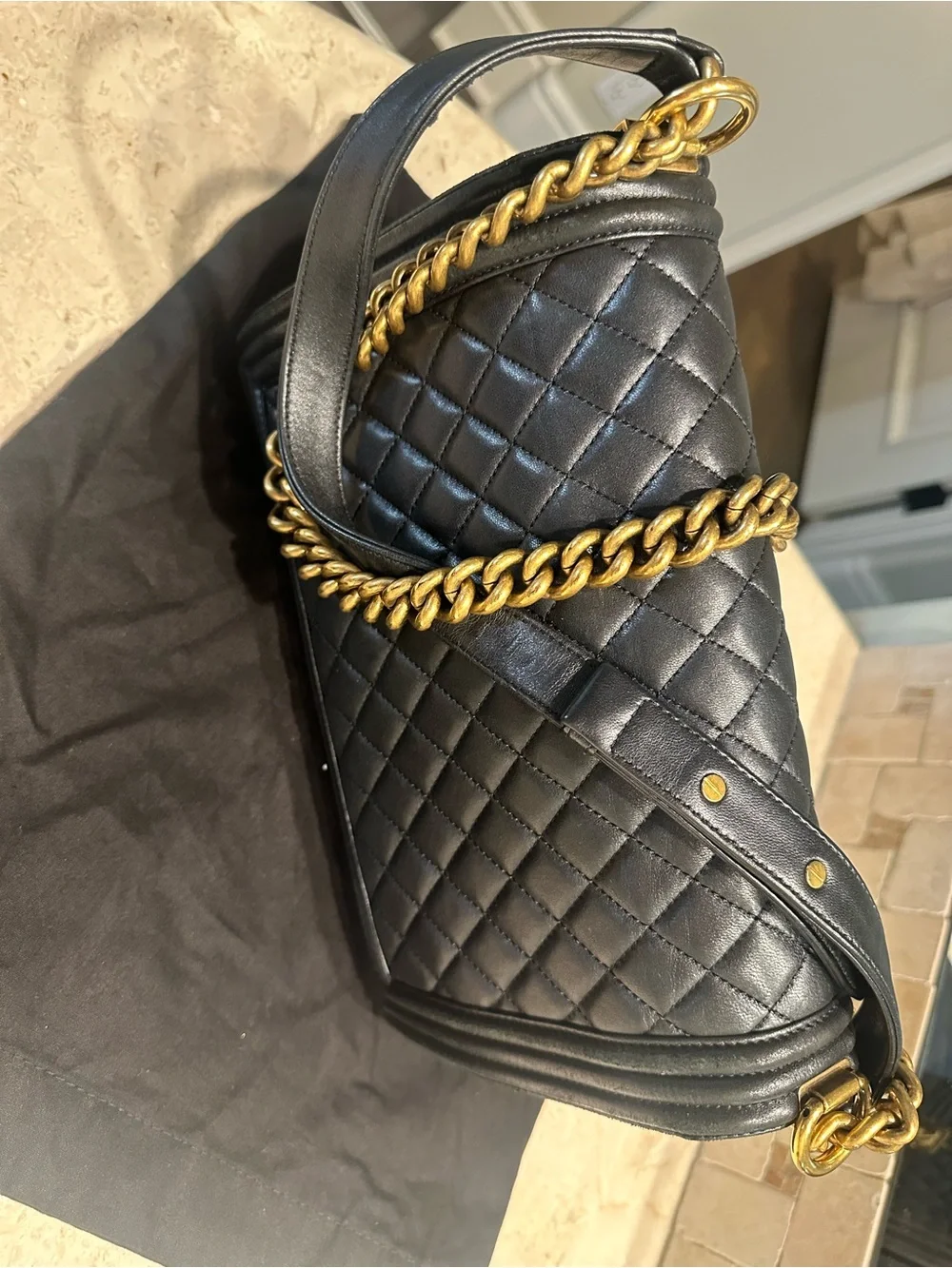 CHANEL Black Quilted Boy Shoulder Bag with Gold Hardware