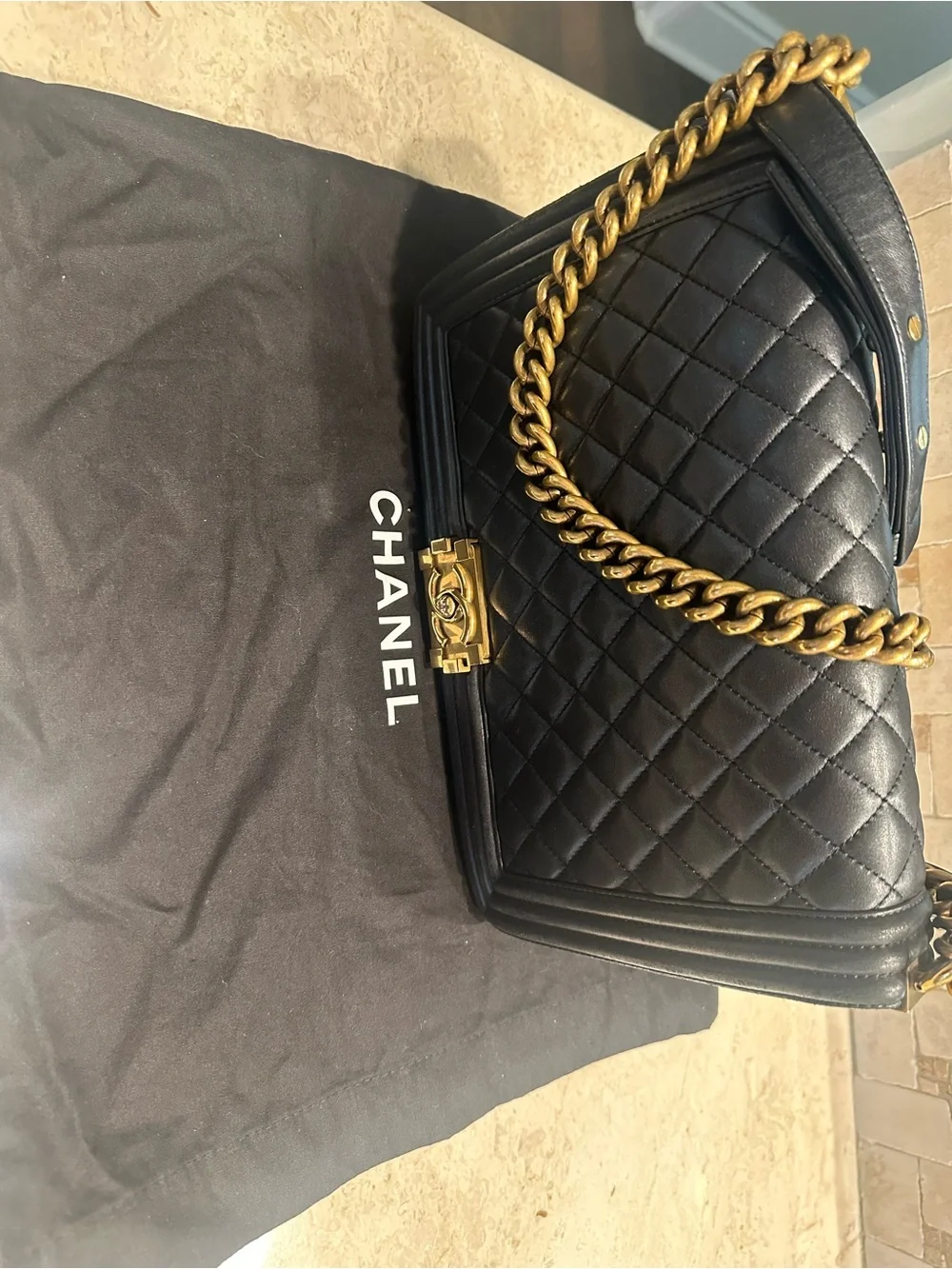 CHANEL Black Quilted Boy Shoulder Bag with Gold Hardware