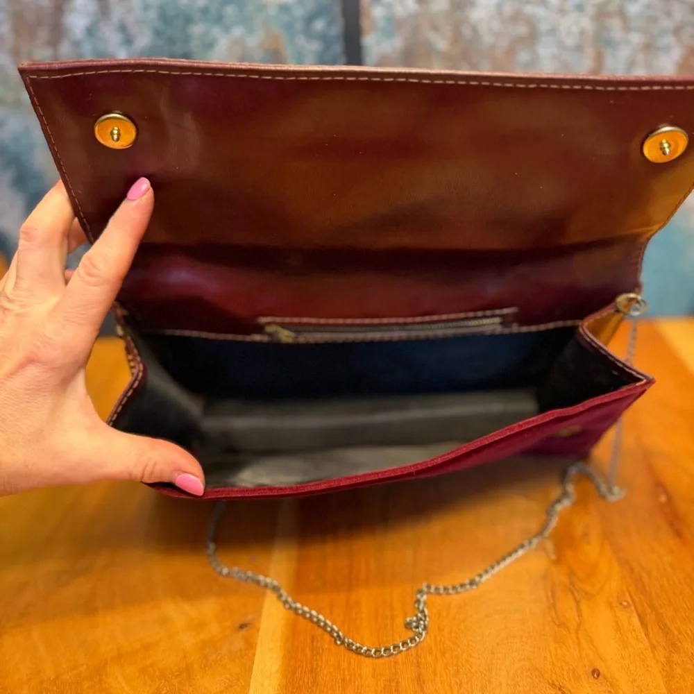 Vintage 1970s Archival Burgundy Velvet and Leather-Look‎ Geometric Clutch