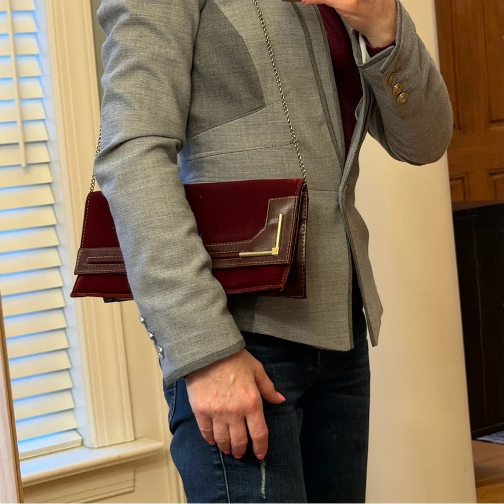 Vintage 1970s Archival Burgundy Velvet and Leather-Look‎ Geometric Clutch